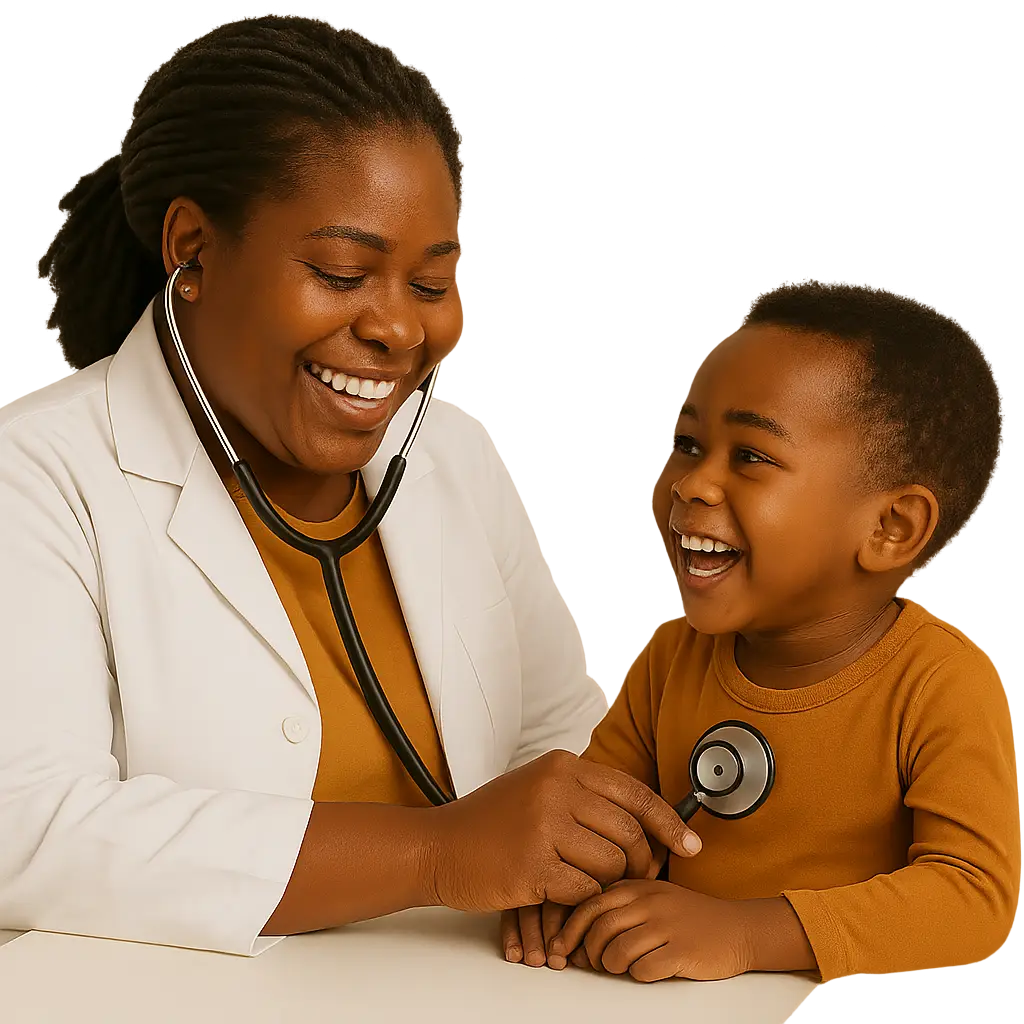 Dr. Hilda Wanjiru Njuki, an experienced Nairobi pediatrician, smiling while performing a check-up on a happy young child at Little Bees Children’s Clinic.